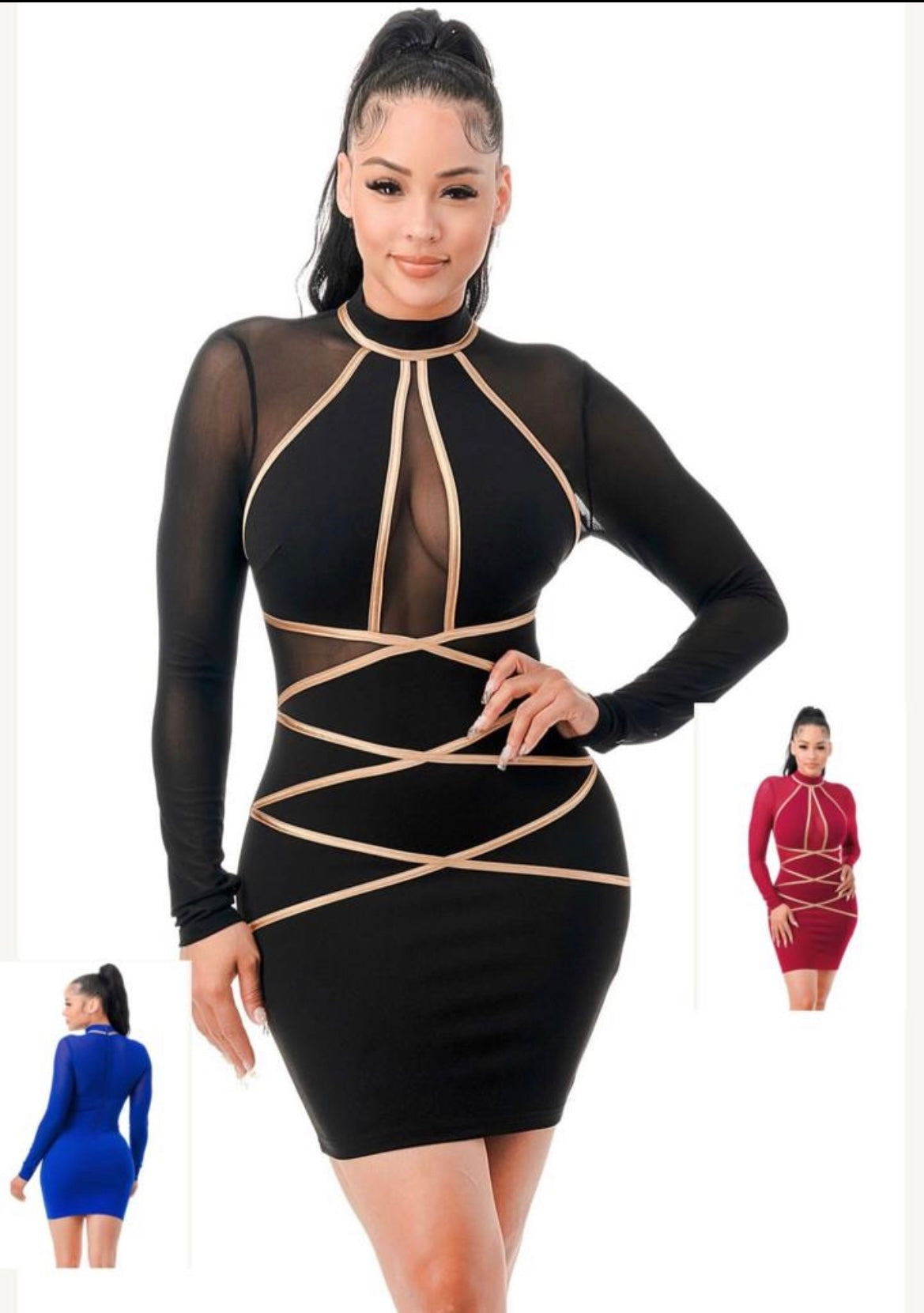 Vestido corto manga larga combinado con dorado